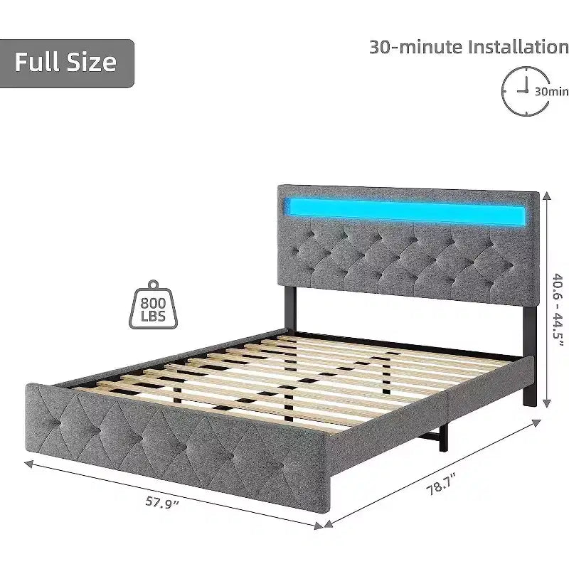 Cadre de lit avec tête de lit lumineuse, Cadre de lit avec port USB à charge rapide, Cadre de lit plateforme capitonné, Sommier tapissier non requis