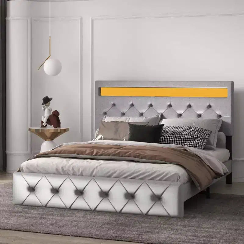 Cadre de lit avec tête de lit lumineuse, Cadre de lit avec port USB à charge rapide, Cadre de lit plateforme capitonné, Sommier tapissier non requis