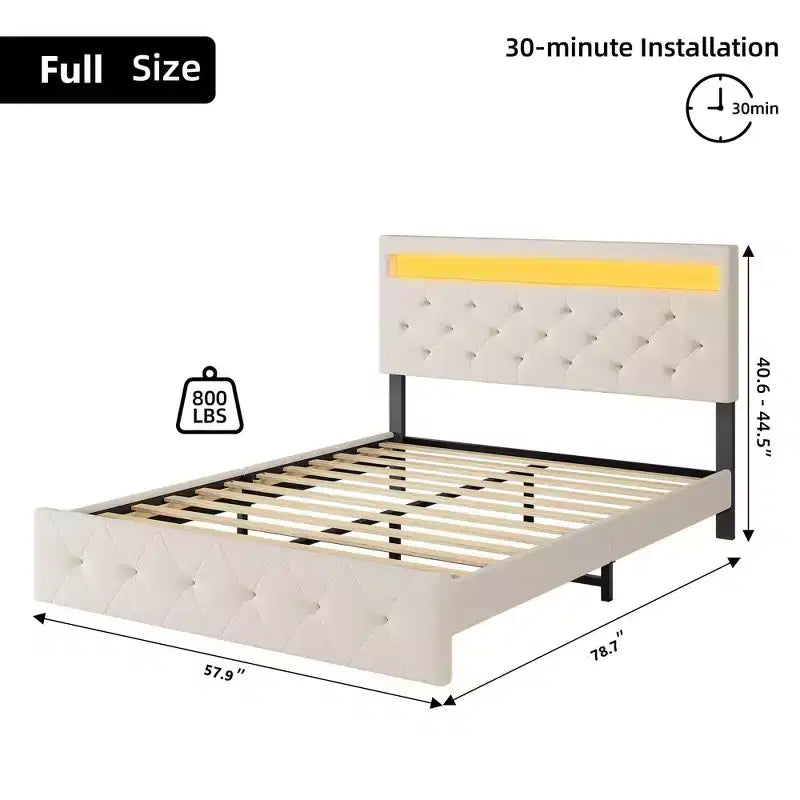 Cadre de lit avec tête de lit lumineuse, Cadre de lit avec port USB à charge rapide, Cadre de lit plateforme capitonné, Sommier tapissier non requis