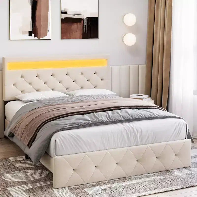 Cadre de lit avec tête de lit lumineuse, Cadre de lit avec port USB à charge rapide, Cadre de lit plateforme capitonné, Sommier tapissier non requis