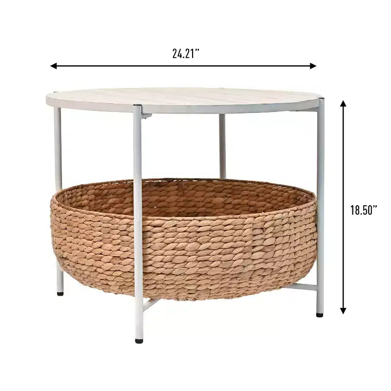 happimess Carly Table basse ronde moderne Coastal en bois d'acacia/jacinthe d'eau avec panier de rangement