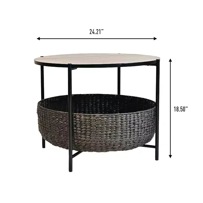 happimess Carly Table basse ronde moderne Coastal en bois d'acacia/jacinthe d'eau avec panier de rangement