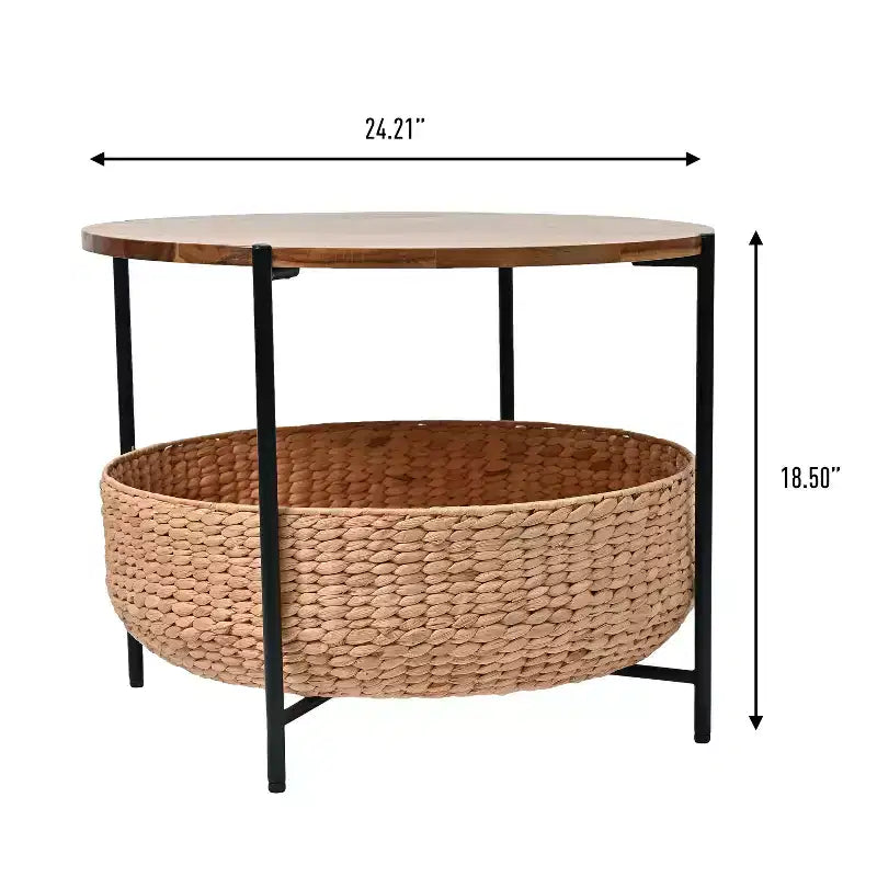 happimess Carly Table basse ronde moderne Coastal en bois d'acacia/jacinthe d'eau avec panier de rangement