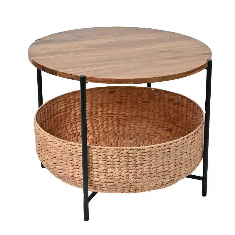 happimess Carly Table basse ronde moderne Coastal en bois d'acacia/jacinthe d'eau avec panier de rangement