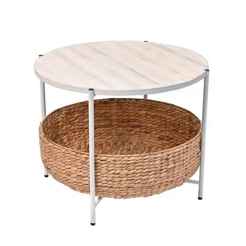 happimess Carly Table basse ronde moderne Coastal en bois d'acacia/jacinthe d'eau avec panier de rangement