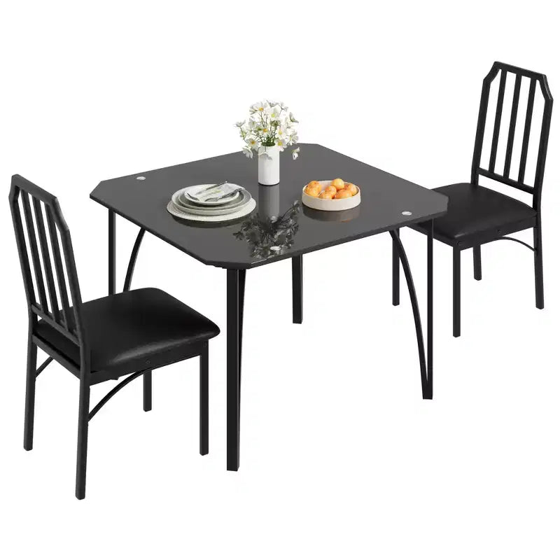 3-Piece Glass Dining Set for 2  Space-Saving Kitchen Table with Chamfered Edges & Upholstered Chairs, Apartment-Sized Table Set