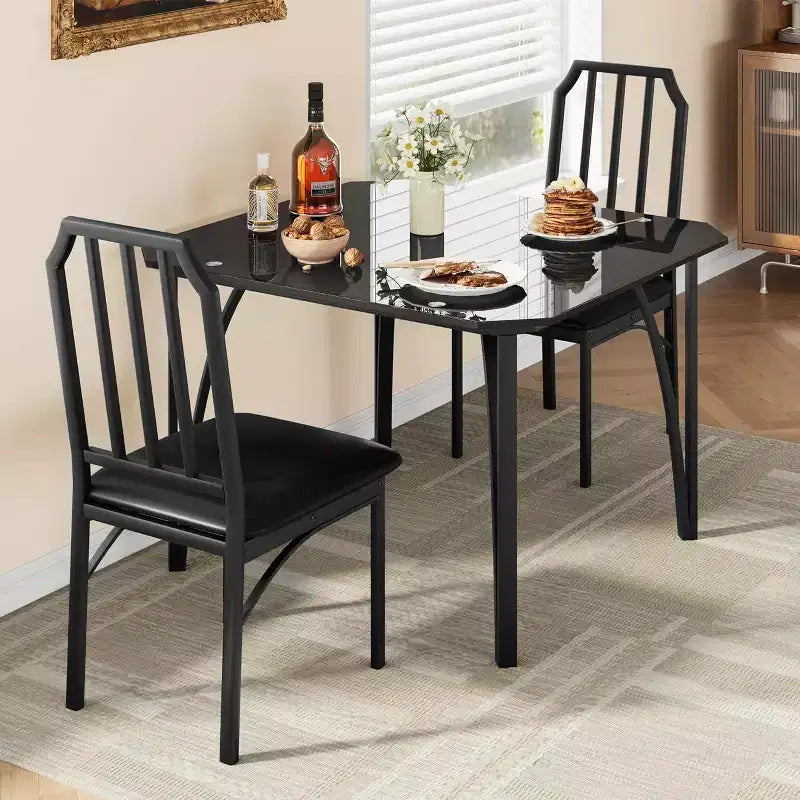 Ensemble de salle à manger 3 pièces en verre pour 2 personnes – Table de cuisine peu encombrante avec bords biseautés et chaises rembourrées, ensemble de table taille appartement
