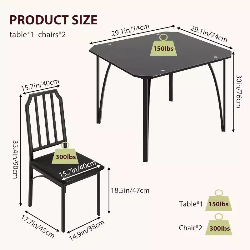 Ensemble de salle à manger 3 pièces en verre pour 2 personnes – Table de cuisine peu encombrante avec bords biseautés et chaises rembourrées, ensemble de table taille appartement