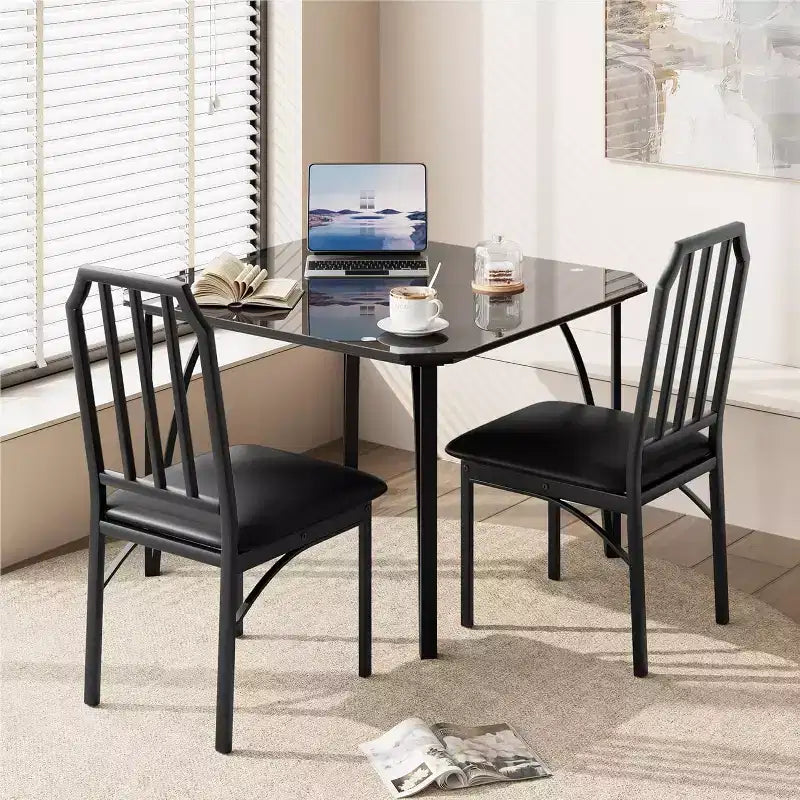 Ensemble de salle à manger 3 pièces en verre pour 2 personnes – Table de cuisine peu encombrante avec bords biseautés et chaises rembourrées, ensemble de table taille appartement