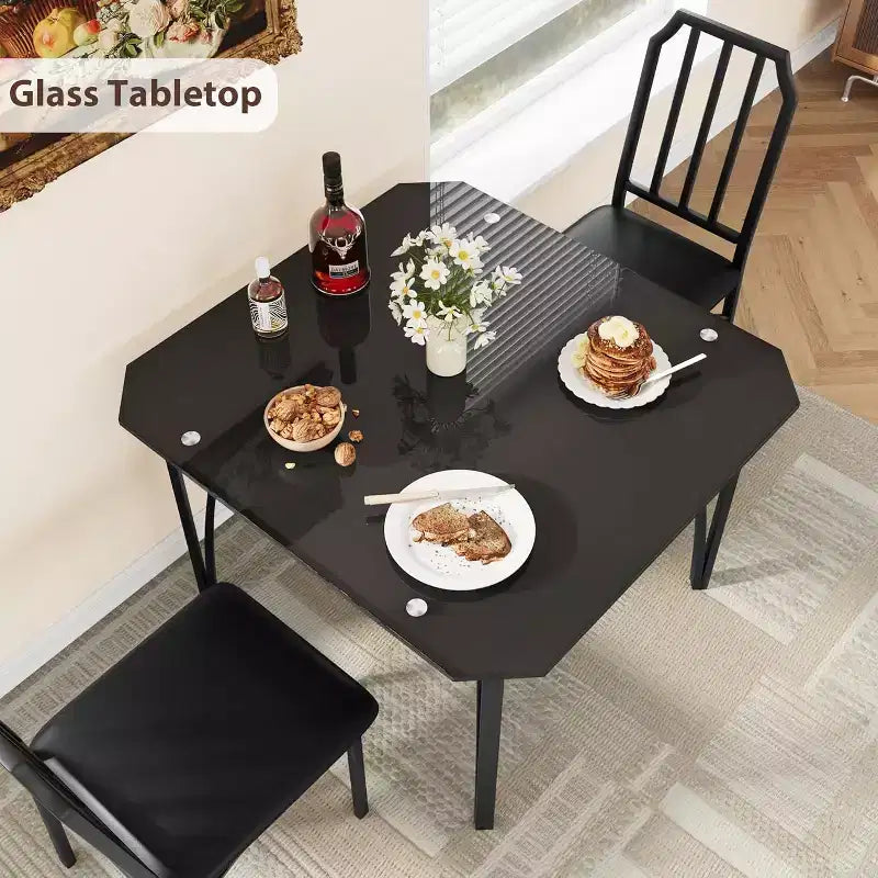 Ensemble de salle à manger 3 pièces en verre pour 2 personnes – Table de cuisine peu encombrante avec bords biseautés et chaises rembourrées, ensemble de table taille appartement