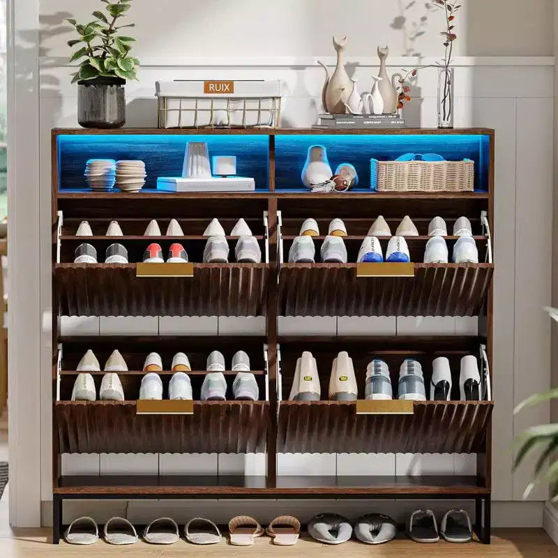 Meuble à chaussures Karl Home à 4 tiroirs à abattant, porte cannelée en noyer, 120 cm de large