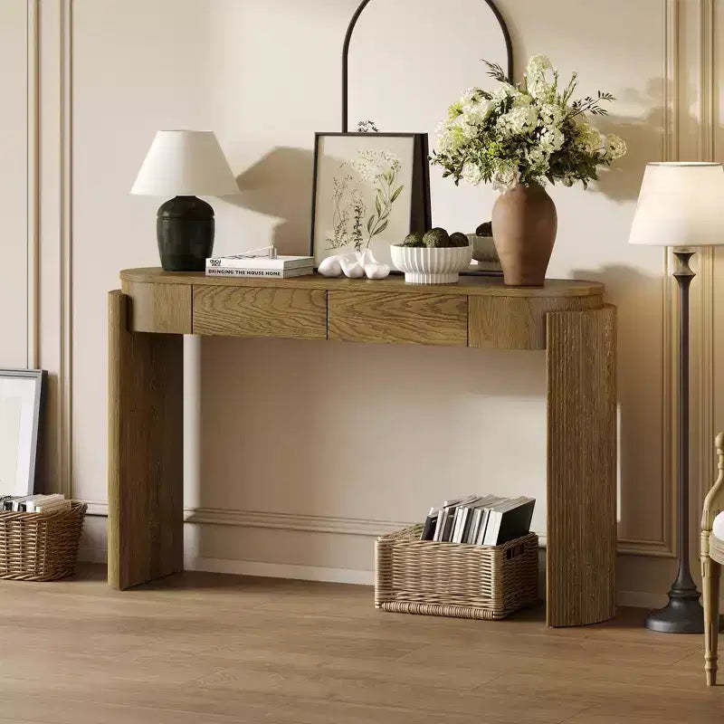 MAYEERTY Table console avec finition grain de bois naturel, design cannelé, plateau ovale et 2 tiroirs pour entrée et salon, en bois de pin