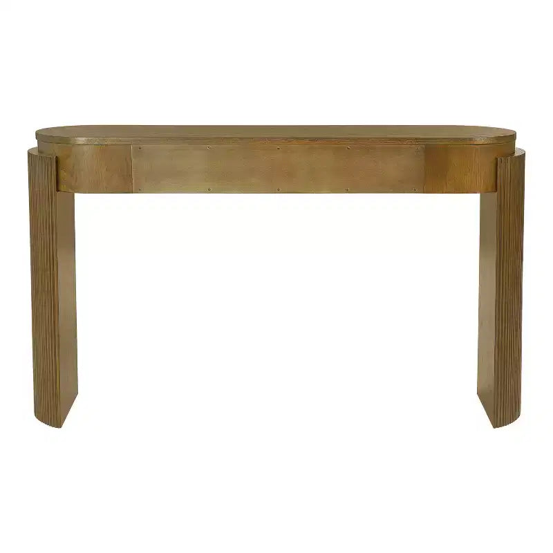 MAYEERTY Table console avec finition grain de bois naturel, design cannelé, plateau ovale et 2 tiroirs pour entrée et salon, en bois de pin