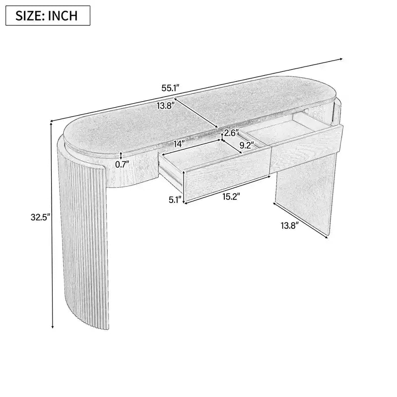 MAYEERTY Table console avec finition grain de bois naturel, design cannelé, plateau ovale et 2 tiroirs pour entrée et salon, en bois de pin