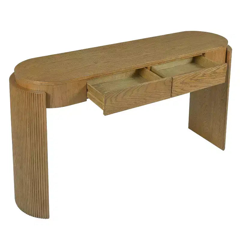 MAYEERTY Table console avec finition grain de bois naturel, design cannelé, plateau ovale et 2 tiroirs pour entrée et salon, en bois de pin