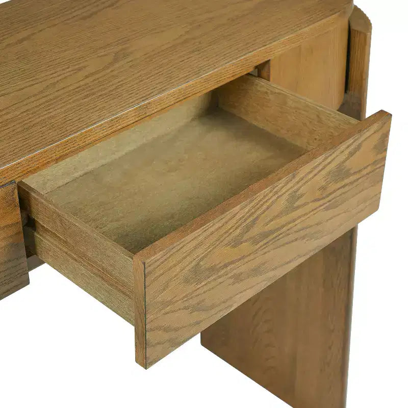 MAYEERTY Table console avec finition grain de bois naturel, design cannelé, plateau ovale et 2 tiroirs pour entrée et salon, en bois de pin