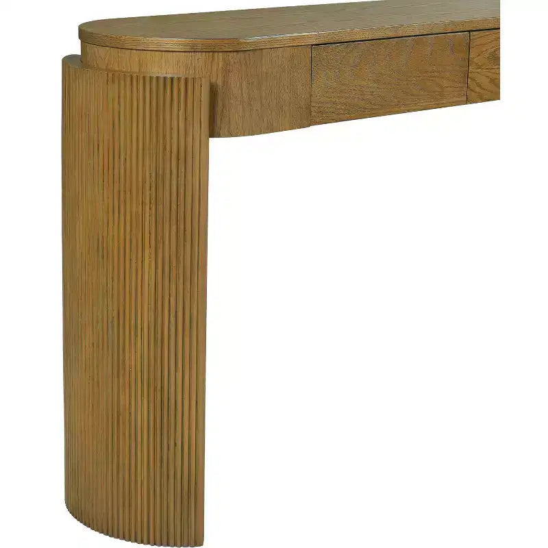 MAYEERTY Table console avec finition grain de bois naturel, design cannelé, plateau ovale et 2 tiroirs pour entrée et salon, en bois de pin