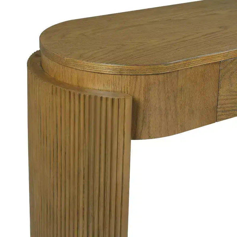 MAYEERTY Table console avec finition grain de bois naturel, design cannelé, plateau ovale et 2 tiroirs pour entrée et salon, en bois de pin