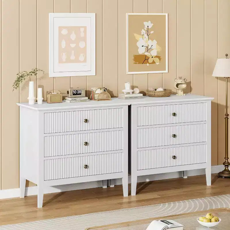 Commode à 3 tiroirs cannelée, Grande commode de chevet, Commode en bois moderne, Grand meuble de rangement peint pour placard, couloir, entrée, chambre à coucher