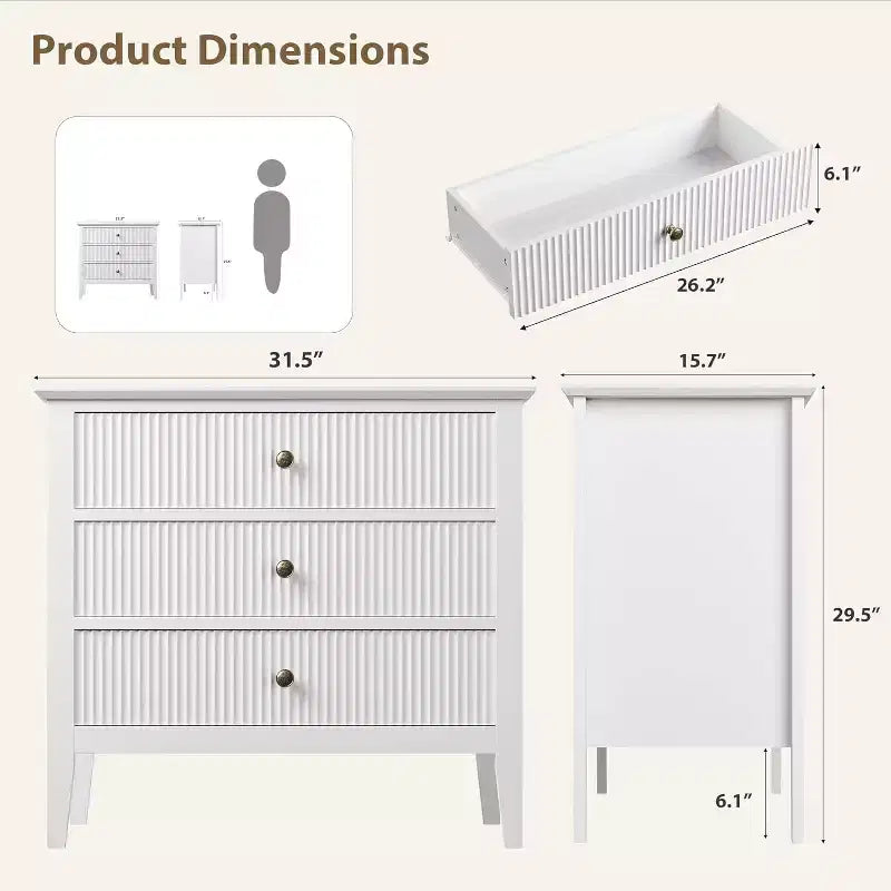 Commode à 3 tiroirs cannelée, Grande commode de chevet, Commode en bois moderne, Grand meuble de rangement peint pour placard, couloir, entrée, chambre à coucher