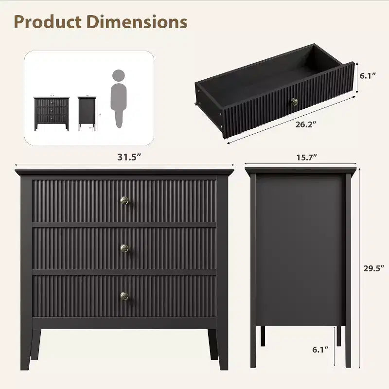 Commode à 3 tiroirs cannelée, Grande commode de chevet, Commode en bois moderne, Grand meuble de rangement peint pour placard, couloir, entrée, chambre à coucher