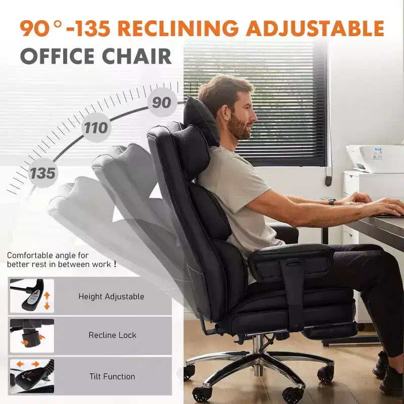 Chaise de bureau ergonomique MAYEERTY avec dossier haut et repose-pieds, soutien lombaire, inclinable, réglable en hauteur, en cuir PU, pivotante avec roulettes, couleur blanche