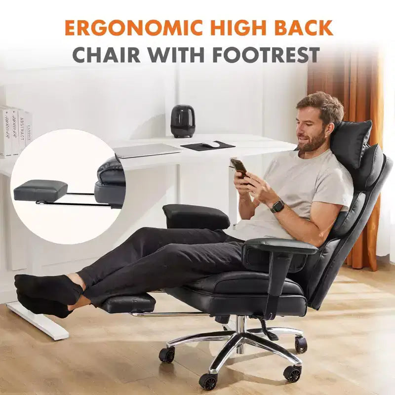 Chaise de bureau ergonomique MAYEERTY avec dossier haut et repose-pieds, soutien lombaire, inclinable, réglable en hauteur, en cuir PU, pivotante avec roulettes, couleur blanche