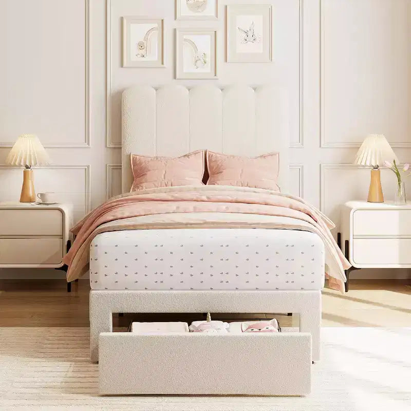 Twin Bed Frame with Under-Bed Drawer Storage  Velvet/Boucle Upholstered Wave Headboard for Girls, Wood Slat Support (No Box Spring), White/Pink