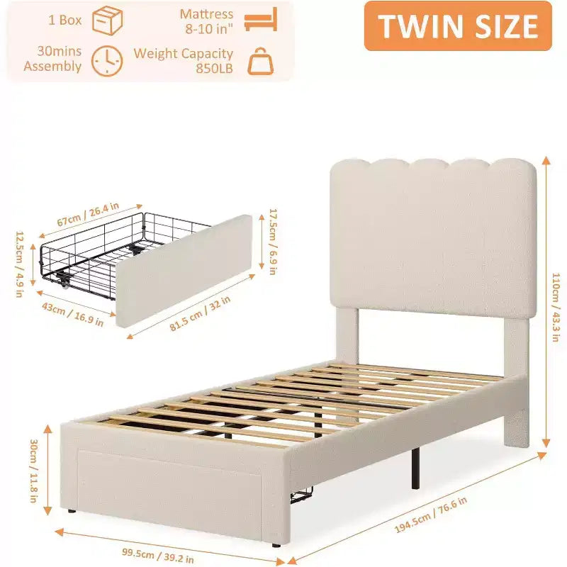 Cadre de lit jumeau avec tiroir de rangement sous le lit Tête de lit ondulée rembourrée en velours/boucle pour filles, support à lattes en bois (pas de sommier tapissier), blanc/rose