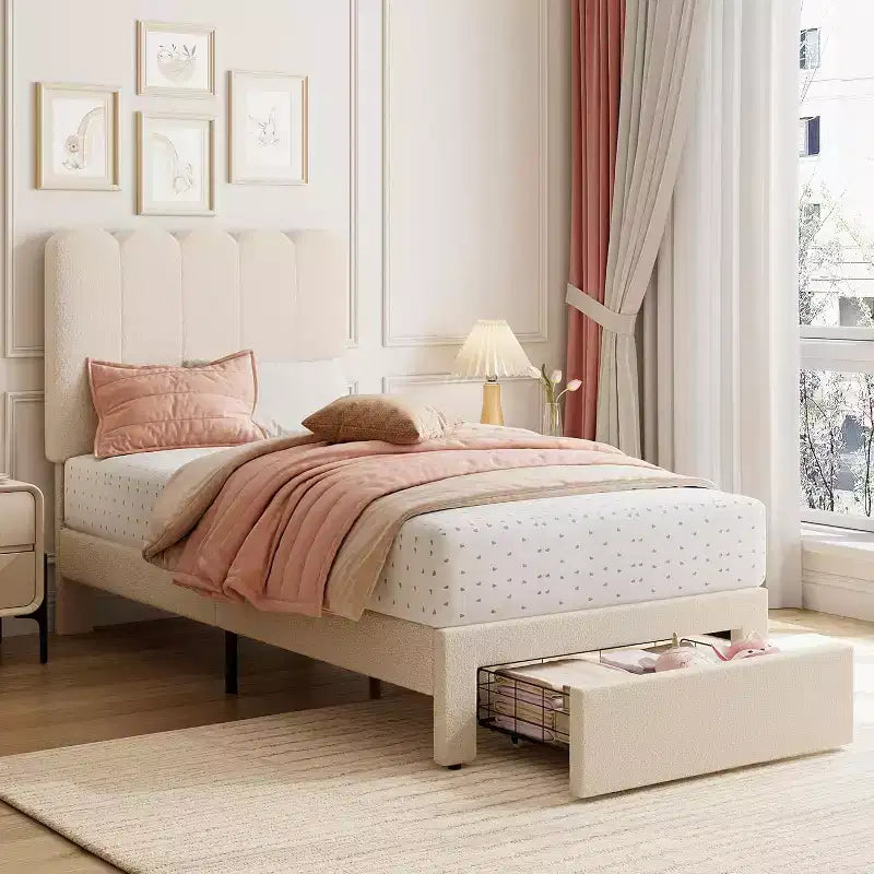 Cadre de lit jumeau avec tiroir de rangement sous le lit Tête de lit ondulée rembourrée en velours/boucle pour filles, support à lattes en bois (pas de sommier tapissier), blanc/rose