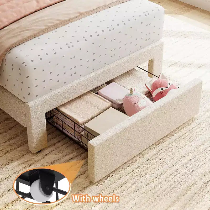 Cadre de lit jumeau avec tiroir de rangement sous le lit Tête de lit ondulée rembourrée en velours/boucle pour filles, support à lattes en bois (pas de sommier tapissier), blanc/rose