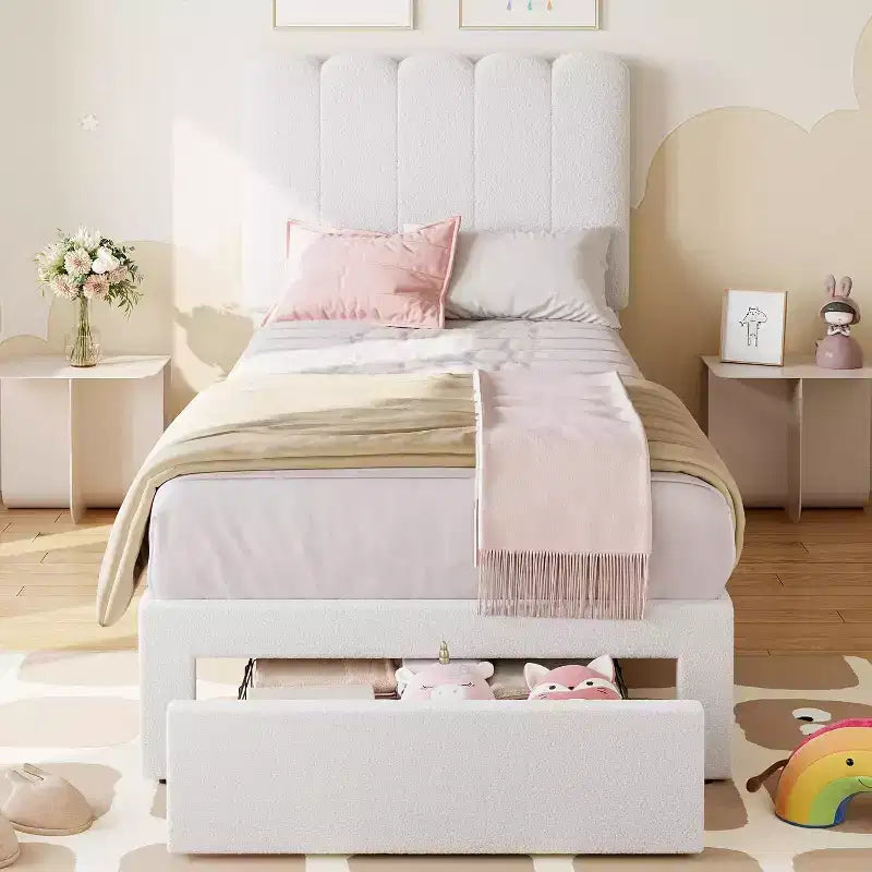Cadre de lit jumeau avec tiroir de rangement sous le lit Tête de lit ondulée rembourrée en velours/boucle pour filles, support à lattes en bois (pas de sommier tapissier), blanc/rose
