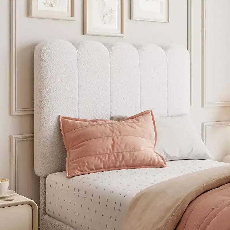 Cadre de lit jumeau avec tiroir de rangement sous le lit Tête de lit ondulée rembourrée en velours/boucle pour filles, support à lattes en bois (pas de sommier tapissier), blanc/rose