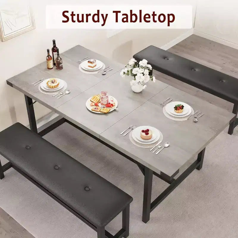 Ensemble de table à manger extensible 3 pièces pour 4-6 personnes avec 2 bancs rembourrés, grande table de cuisine rectangulaire, design peu encombrant