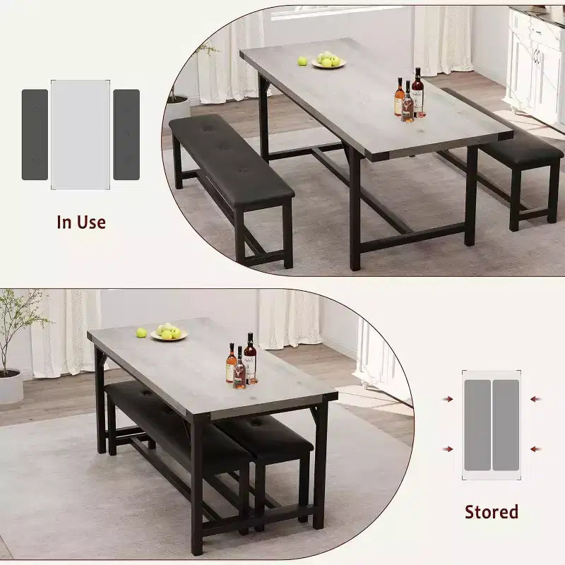 Ensemble de table à manger extensible 3 pièces pour 4-6 personnes avec 2 bancs rembourrés, grande table de cuisine rectangulaire, design peu encombrant