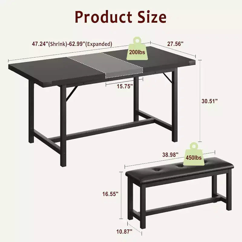 Ensemble de table à manger extensible 3 pièces pour 4-6 personnes avec 2 bancs rembourrés, grande table de cuisine rectangulaire, design peu encombrant