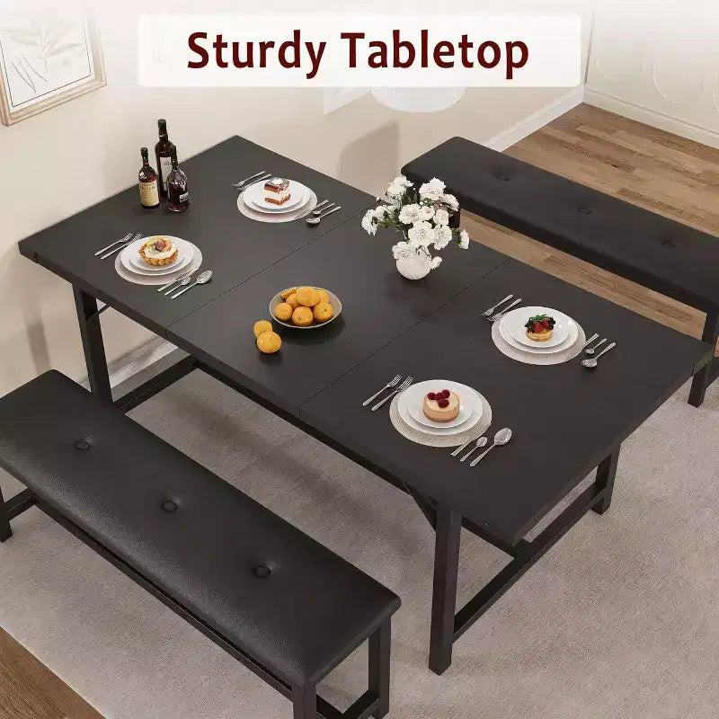 Ensemble de table à manger extensible 3 pièces pour 4-6 personnes avec 2 bancs rembourrés, grande table de cuisine rectangulaire, design peu encombrant