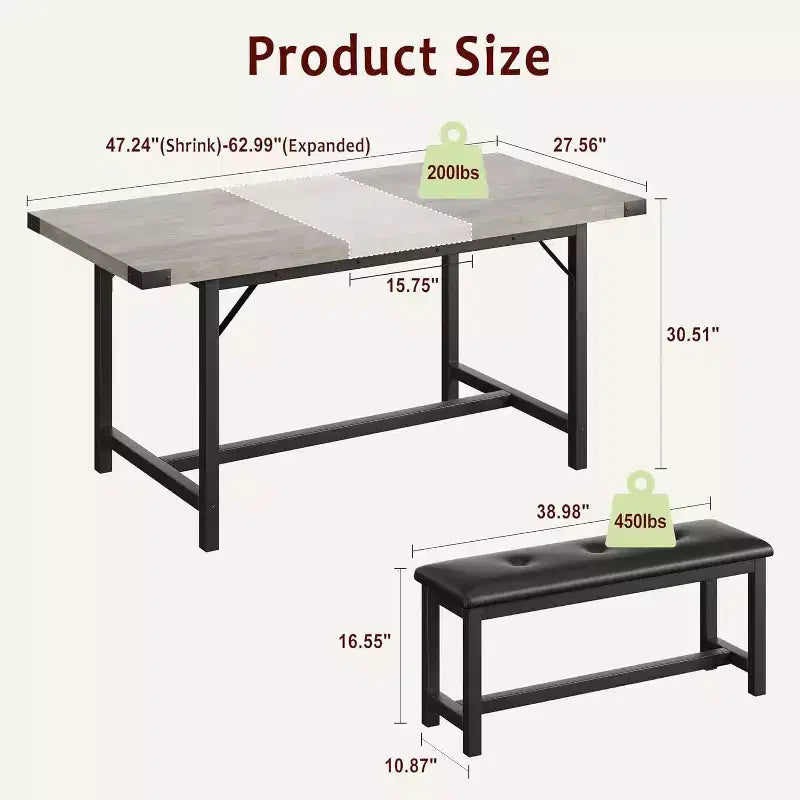 Ensemble de table à manger extensible 3 pièces pour 4-6 personnes avec 2 bancs rembourrés, grande table de cuisine rectangulaire, design peu encombrant