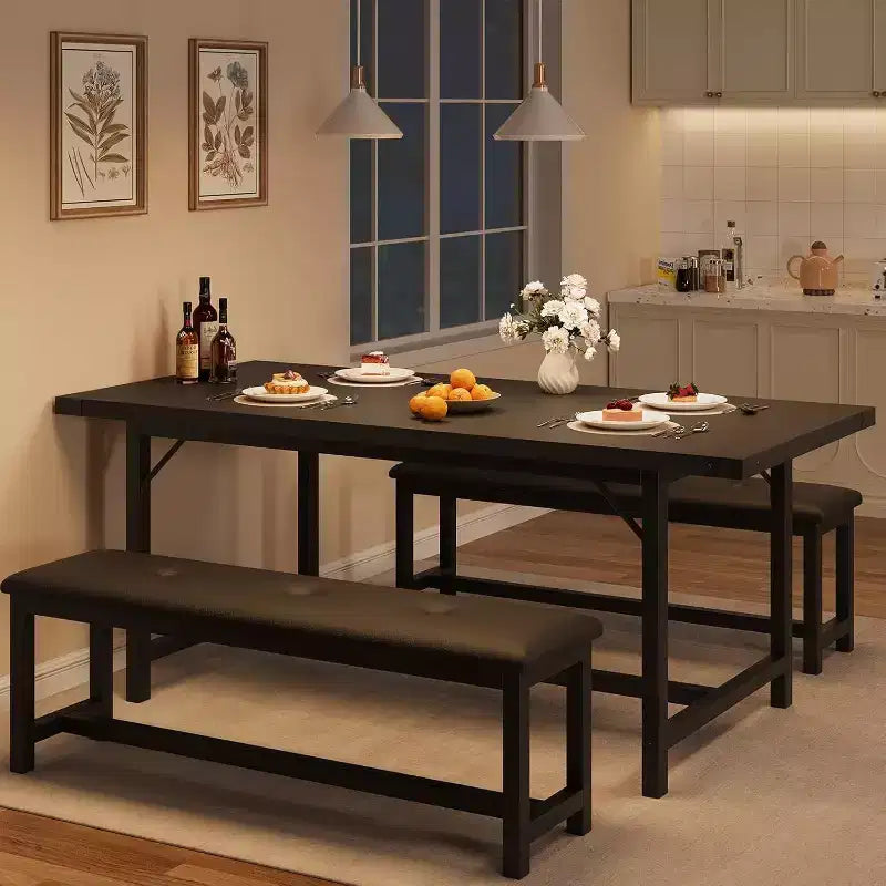 3-Piece Extendable Dining Table Set for 4-6 with 2 Upholstered Benches, Large Rectangle Kitchen Table, Space-Saving Design