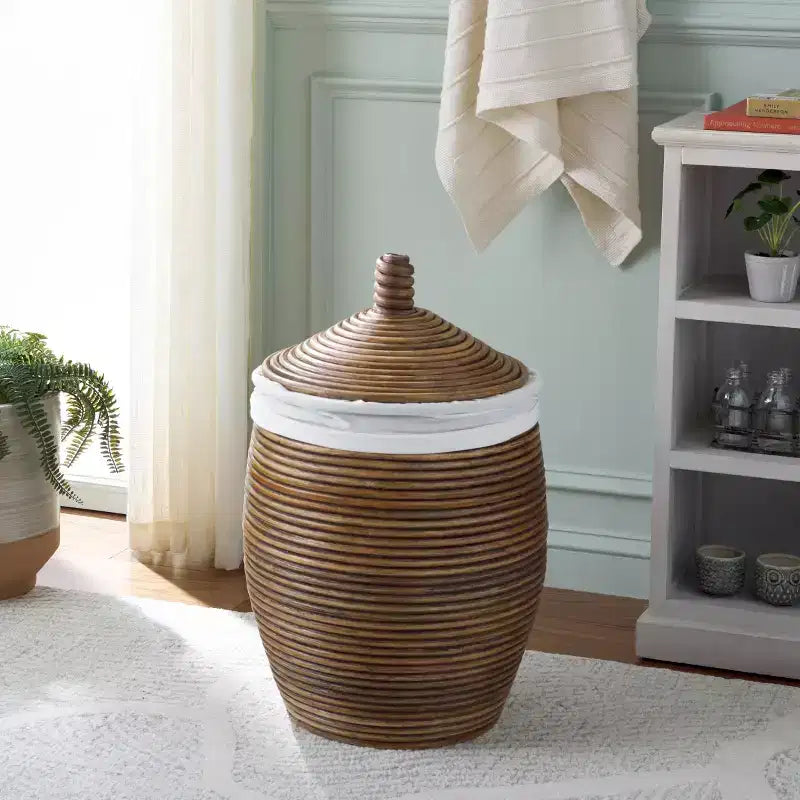 Panier à linge Mikkel - HAC6503 - Blanc/Brun Miel Lavé - Safavieh