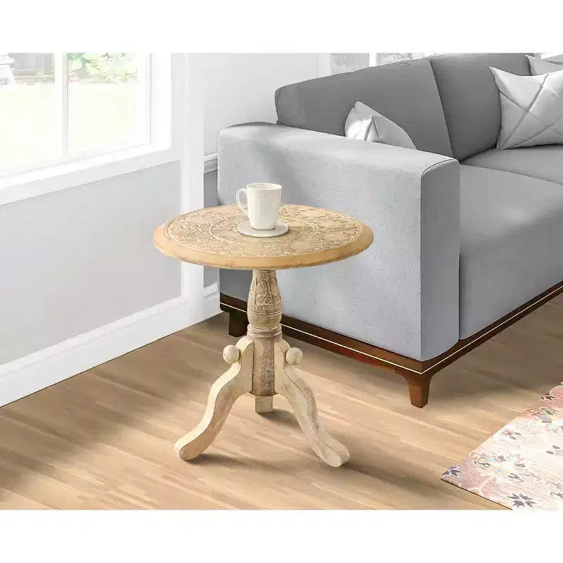 Royal Hampton Intricately Carved Mango Wood Side End Table with Round Top and Pedestal Base