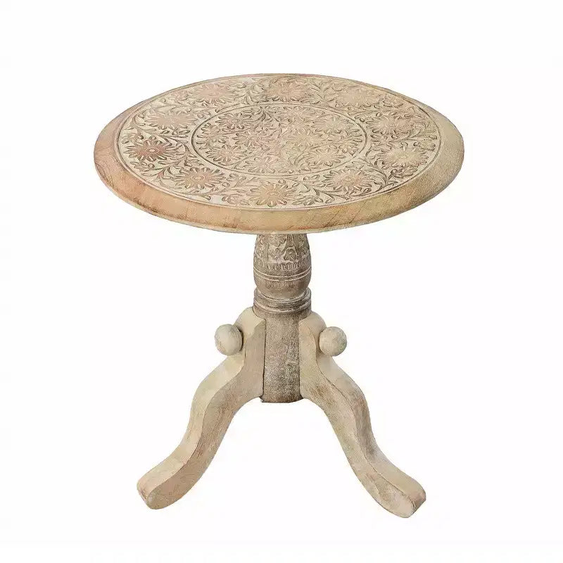 Table d'appoint Royal Hampton en bois de manguier sculpté avec plateau rond et piédestal