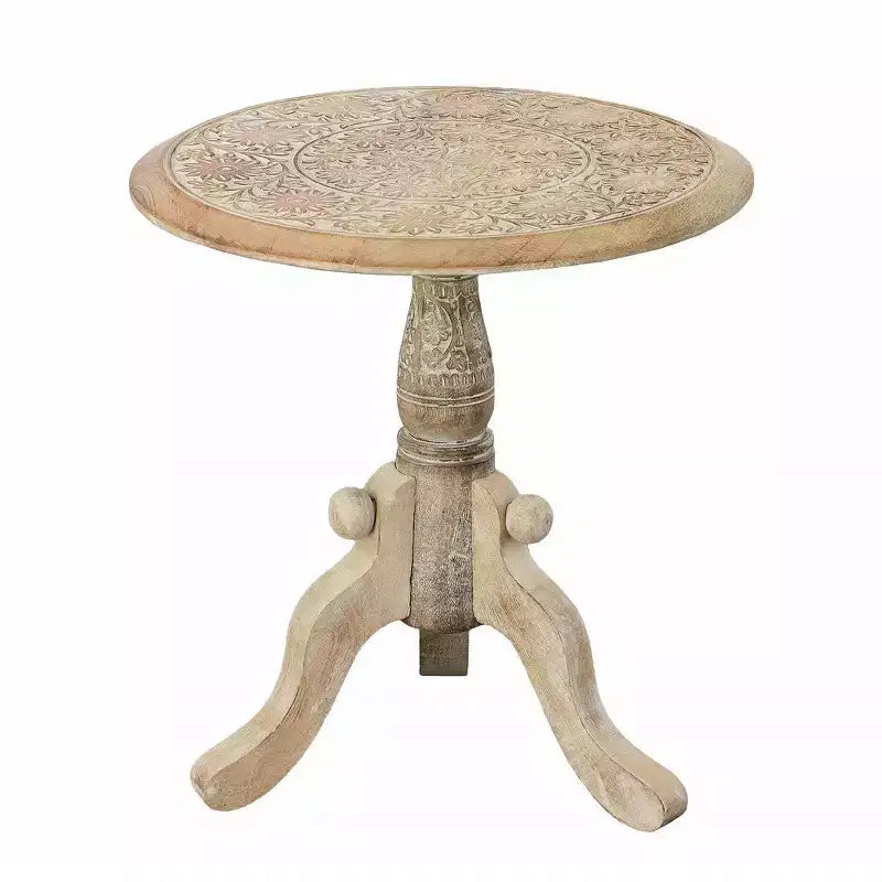 Table d'appoint Royal Hampton en bois de manguier sculpté avec plateau rond et piédestal