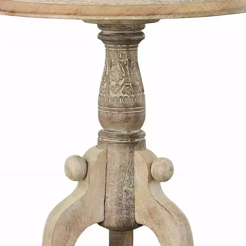 Table d'appoint Royal Hampton en bois de manguier sculpté avec plateau rond et piédestal