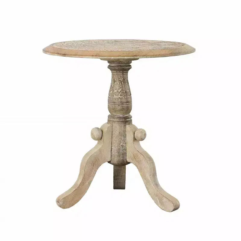 Table d'appoint Royal Hampton en bois de manguier sculpté avec plateau rond et piédestal
