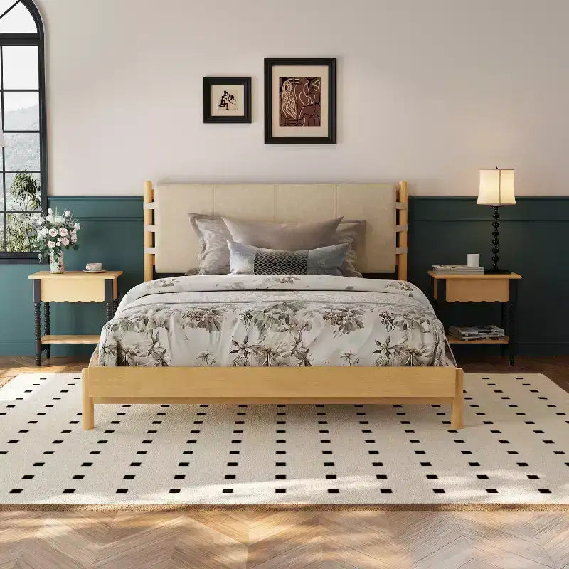 Christopher Knight Home Evelyn Mid-Century Modern Rubberwood Bed with Upholstered Headboard