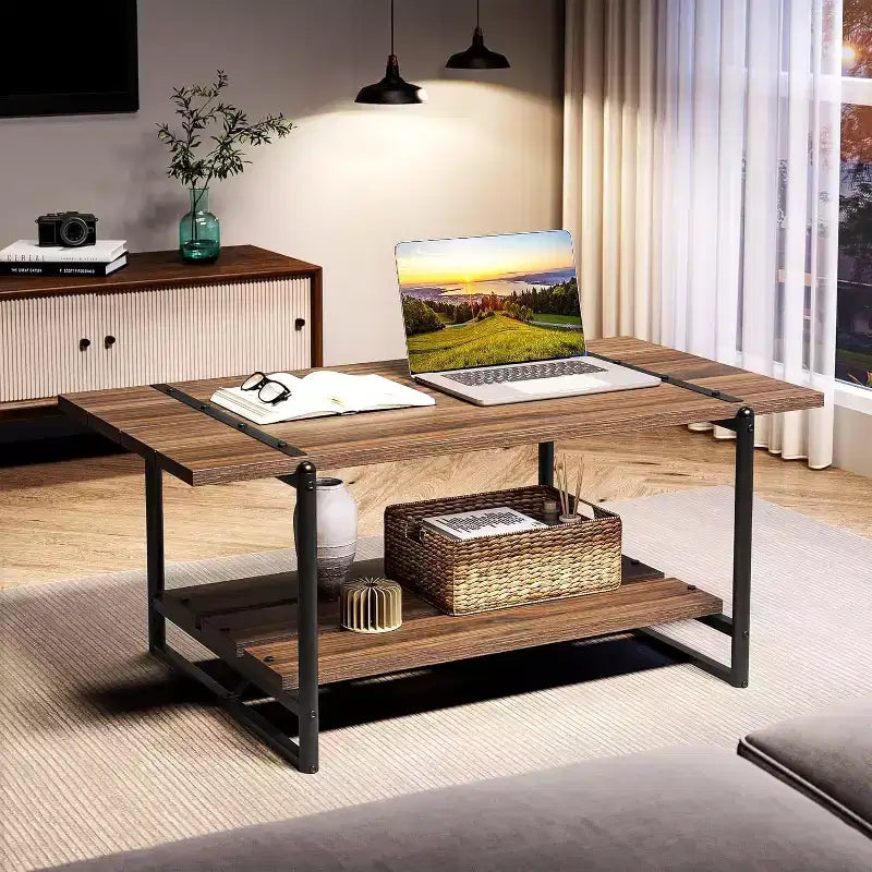 Table basse de ferme rustique 41, table de salon minimaliste moderne en bois et métal, table centrale rectangulaire à 2 niveaux avec rangement