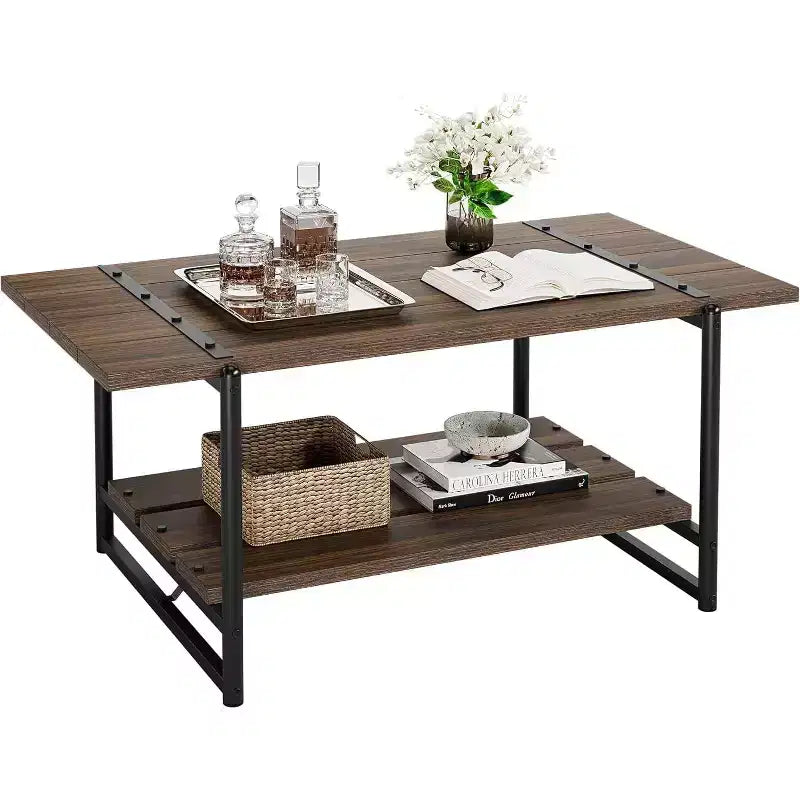 Table basse de ferme rustique 41, table de salon minimaliste moderne en bois et métal, table centrale rectangulaire à 2 niveaux avec rangement