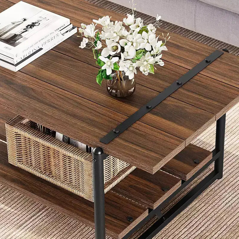 Table basse de ferme rustique 41, table de salon minimaliste moderne en bois et métal, table centrale rectangulaire à 2 niveaux avec rangement