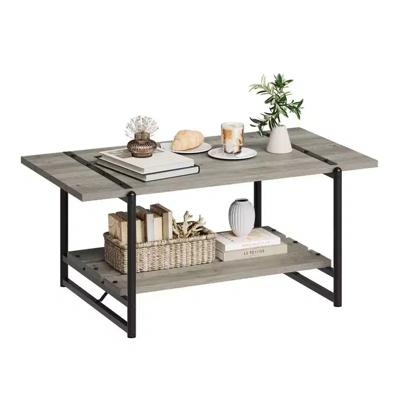 Table basse de ferme rustique 41, table de salon minimaliste moderne en bois et métal, table centrale rectangulaire à 2 niveaux avec rangement